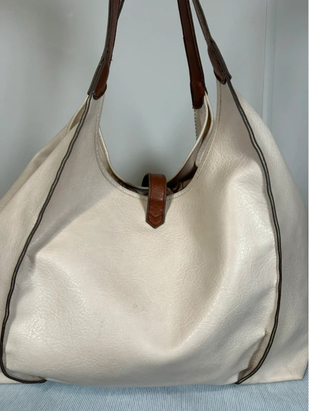 Oversized Cream Faux Leather Tote Bag Brown Handles Large Shoulder Bag